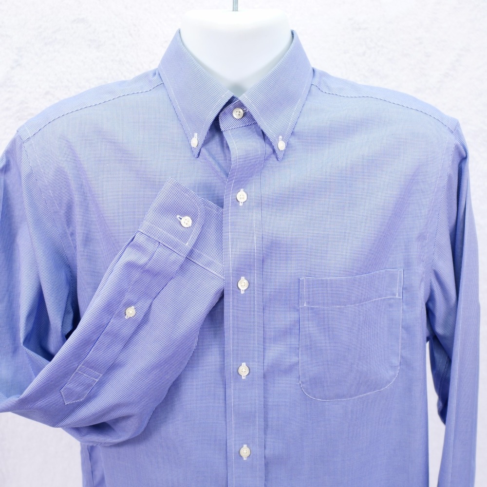 Jos A Bank Traveler Tailored Fit -15.5 - 34- Blue White Star Check Button‎ Down
